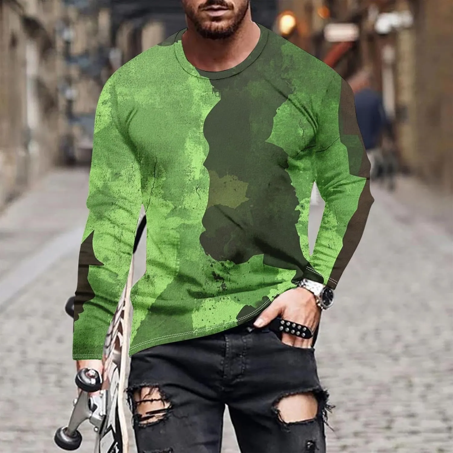 Long Sleeve Shirts for Men Camouflage Print Casual Stylish Workout Crewneck Cotton Sweatshirts Loose Fit Pullover Tees