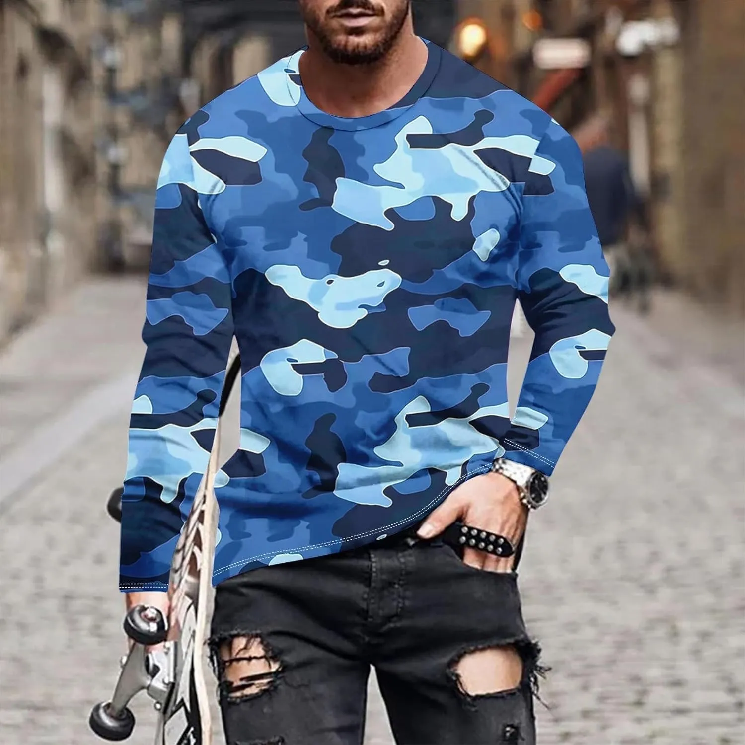 Long Sleeve Shirts for Men Camouflage Print Casual Stylish Workout Crewneck Cotton Sweatshirts Loose Fit Pullover Tees