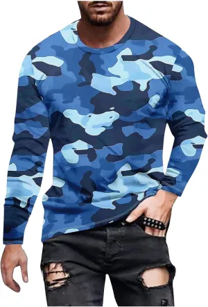 Long Sleeve Shirts for Men Camouflage Print Casual Stylish Workout Crewneck Cotton Sweatshirts Loose Fit Pullover Tees