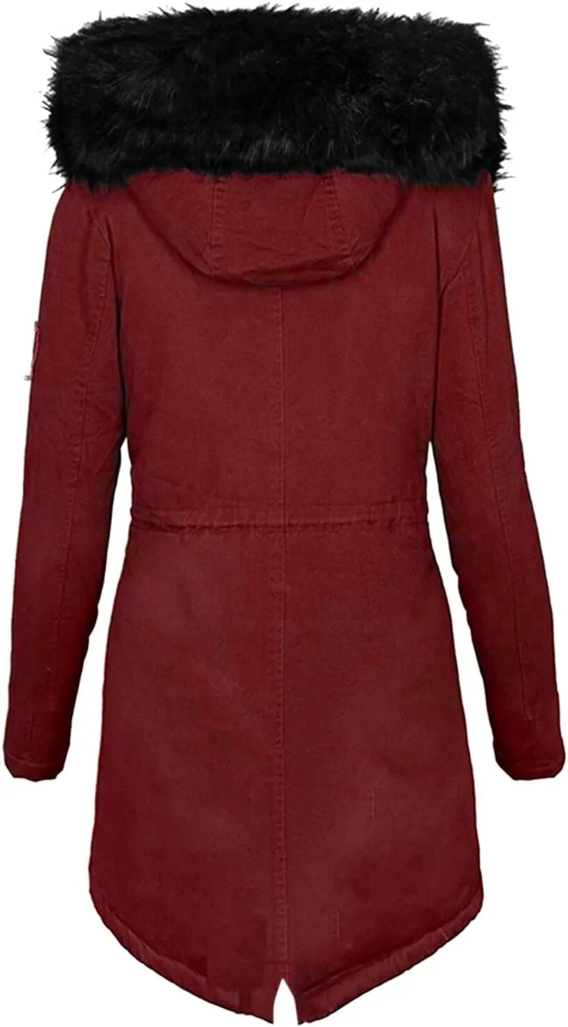 Long Winter Jacket for Women Zip Up Button Plus Size Hooded Cardigan Sherpa Lined Fuzzy Fleece Thickened Warm Jackets