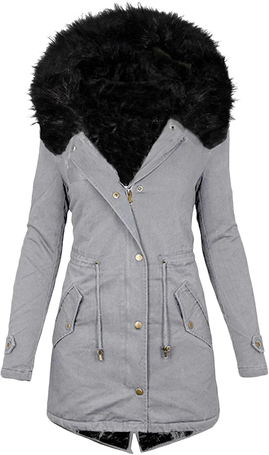 Long Winter Jacket for Women Zip Up Button Plus Size Hooded Cardigan Sherpa Lined Fuzzy Fleece Thickened Warm Jackets