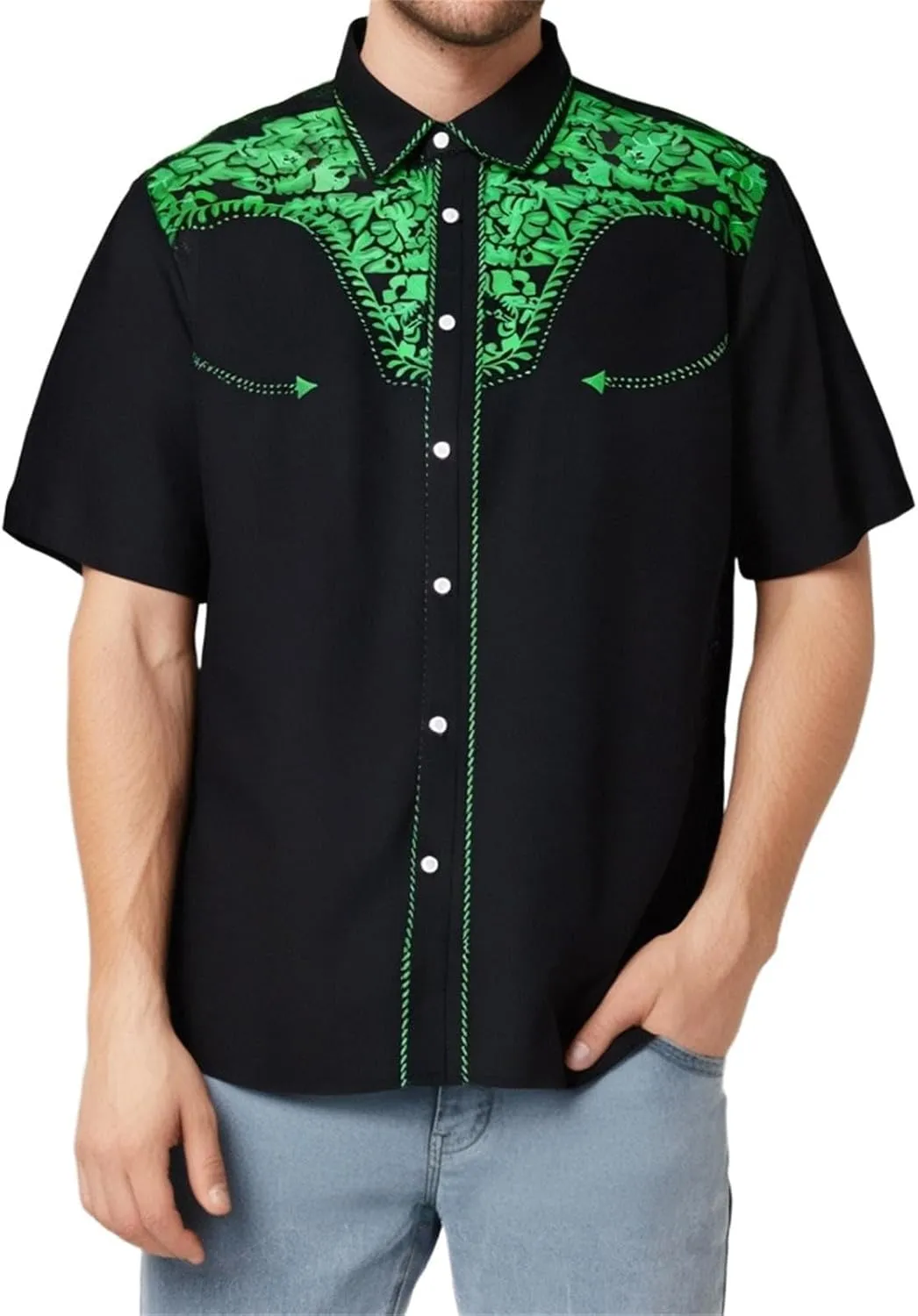 Men 2025 Fashion Western Cowboy Shirts Loose Comfy Short Sleeve Summer Vacation Tops Stylish Embroidered Rose