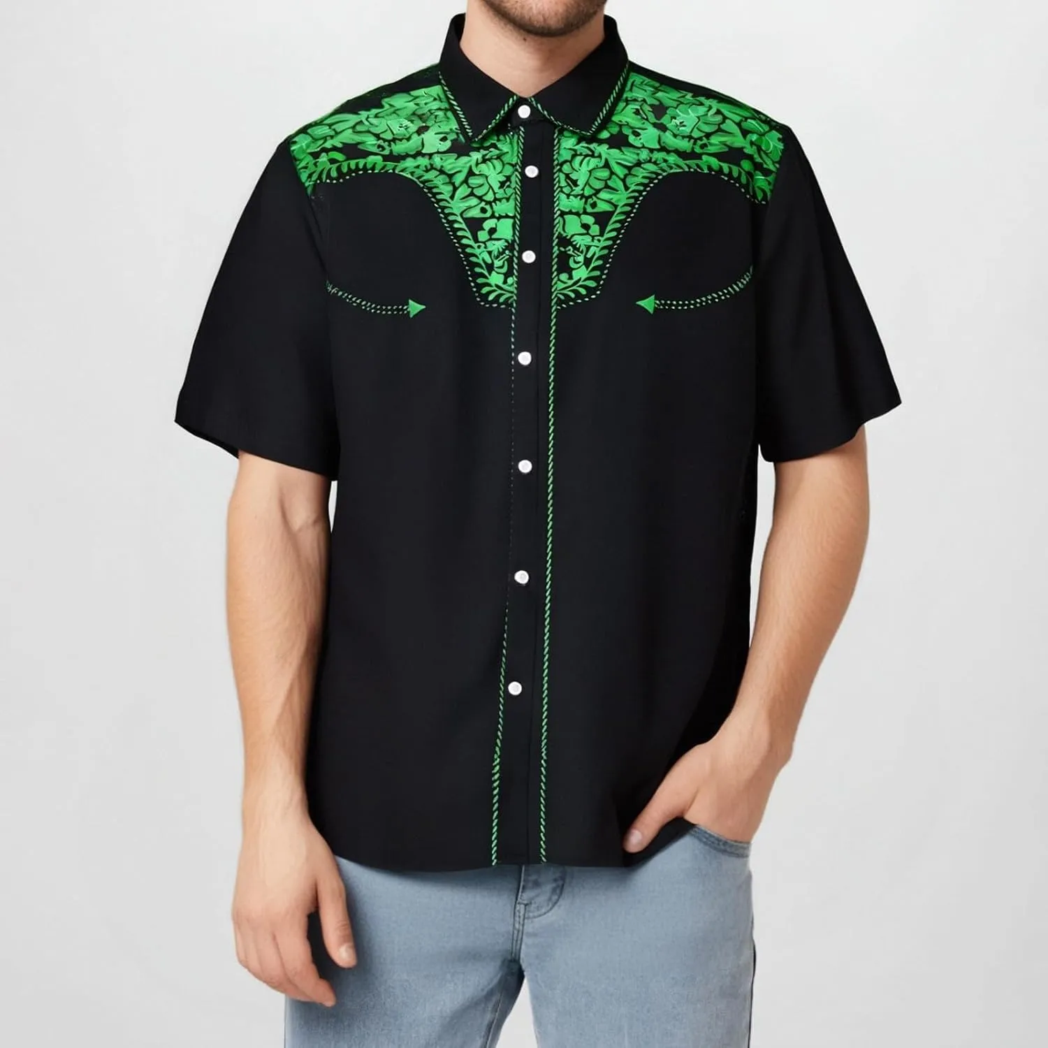 Men 2025 Fashion Western Cowboy Shirts Loose Comfy Short Sleeve Summer Vacation Tops Stylish Embroidered Rose