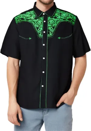 Men 2025 Fashion Western Cowboy Shirts Loose Comfy Short Sleeve Summer Vacation Tops Stylish Embroidered Rose