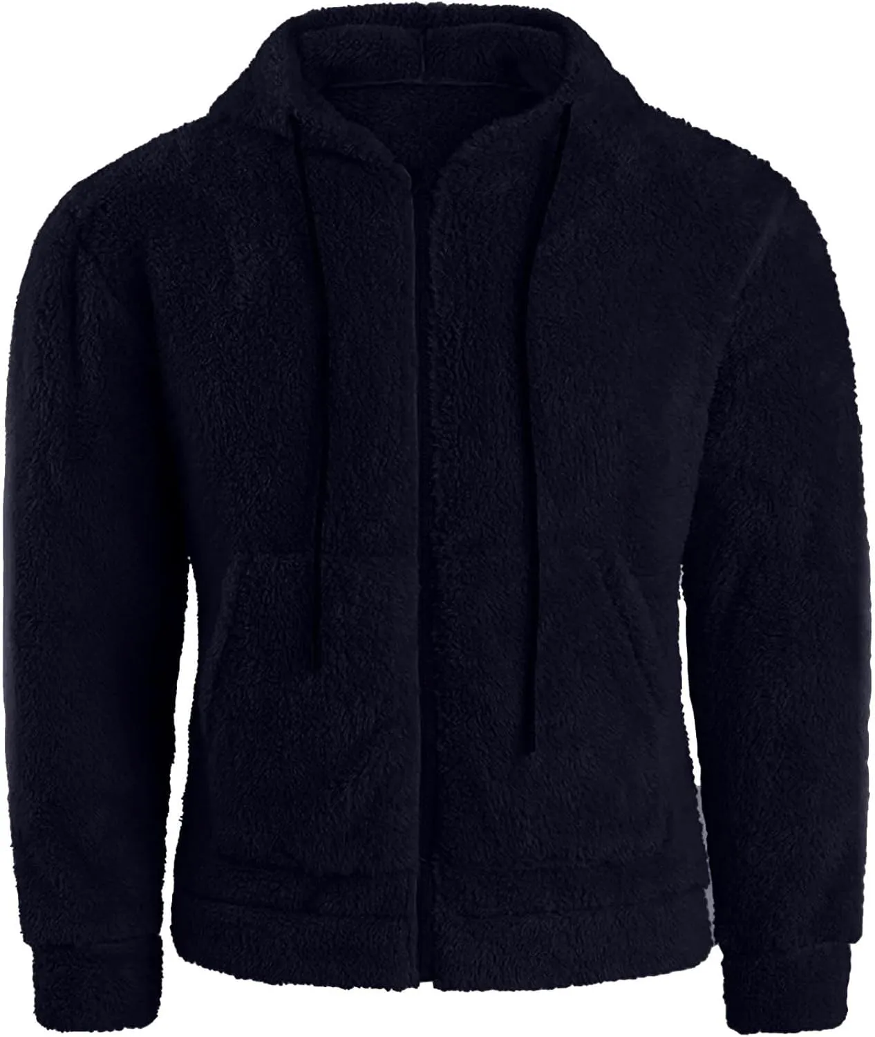 Men Double Sided Fleece Zipper Cardigan Coat Solid Color Fuzzy Warm Hooded Jacket Drawstring with Pockets Outwear