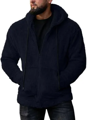 Men Double Sided Fleece Zipper Cardigan Coat Solid Color Fuzzy Warm Hooded Jacket Drawstring with Pockets Outwear