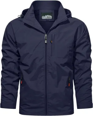 Men Zip Up Outdoor Jackets Waterproof Active Oversized Rain Coat Long Sleeve Windbreaker Hiking Quick Dry Hoodie with Pockets Plus Size Tops with Pockets,Navy,XXXXXL
