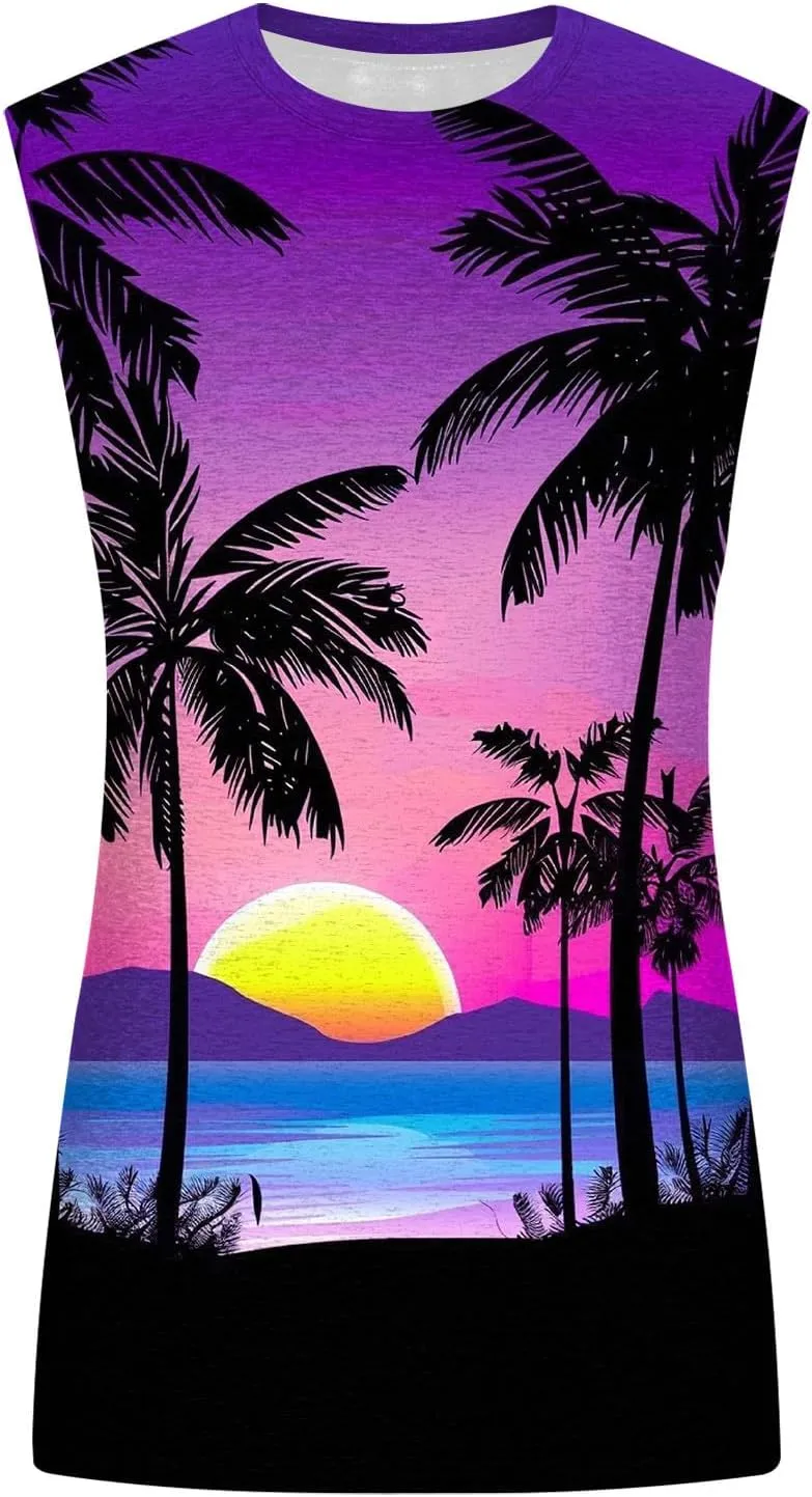 Mens 3D Tank Tops Summer Loose Fit Graphic Sleeveless T-Shirt Tropical Beach Vintage Shirts Casual Workout Muscle Tee