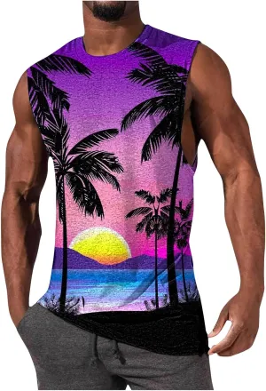Mens 3D Tank Tops Summer Loose Fit Graphic Sleeveless T-Shirt Tropical Beach Vintage Shirts Casual Workout Muscle Tee