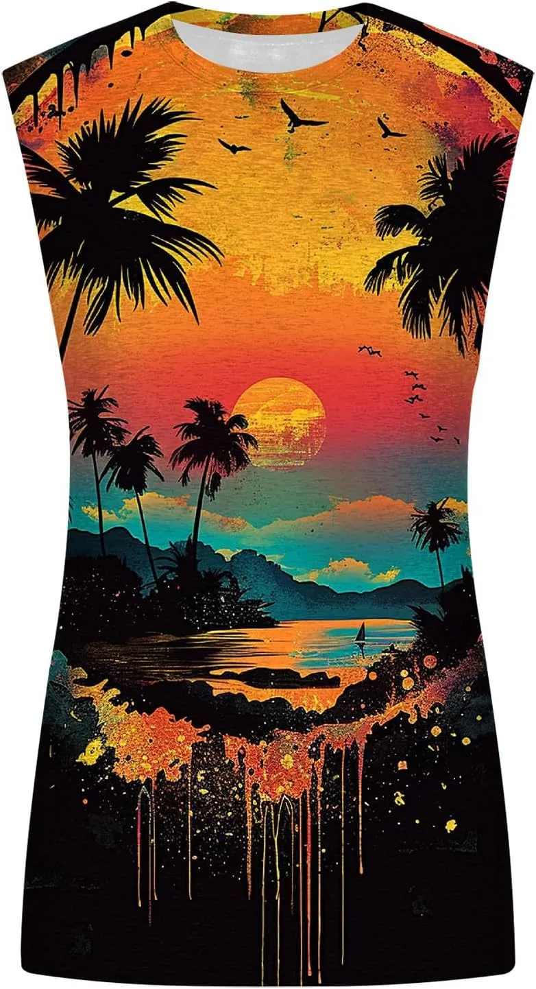 Mens 3D Tank Tops Summer Loose Fit Graphic Sleeveless T-Shirt Tropical Beach Vintage Shirts Casual Workout Muscle Tee