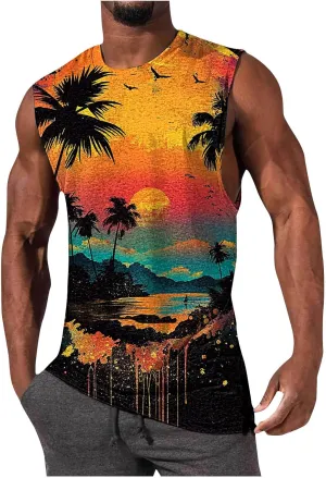 Mens 3D Tank Tops Summer Loose Fit Graphic Sleeveless T-Shirt Tropical Beach Vintage Shirts Casual Workout Muscle Tee