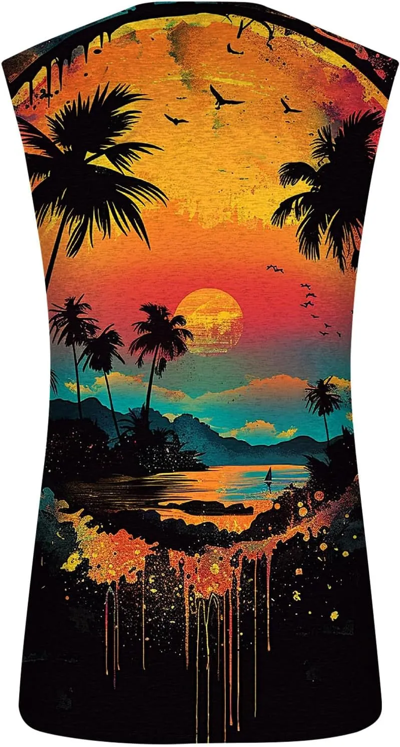 Mens 3D Tank Tops Summer Loose Fit Graphic Sleeveless T-Shirt Tropical Beach Vintage Shirts Casual Workout Muscle Tee