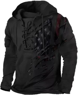 Men's American Flag Graphic Hoodies Outdoor Military Tactical Lace Up Hooded Sweatshirts Distressed Retro Pullover