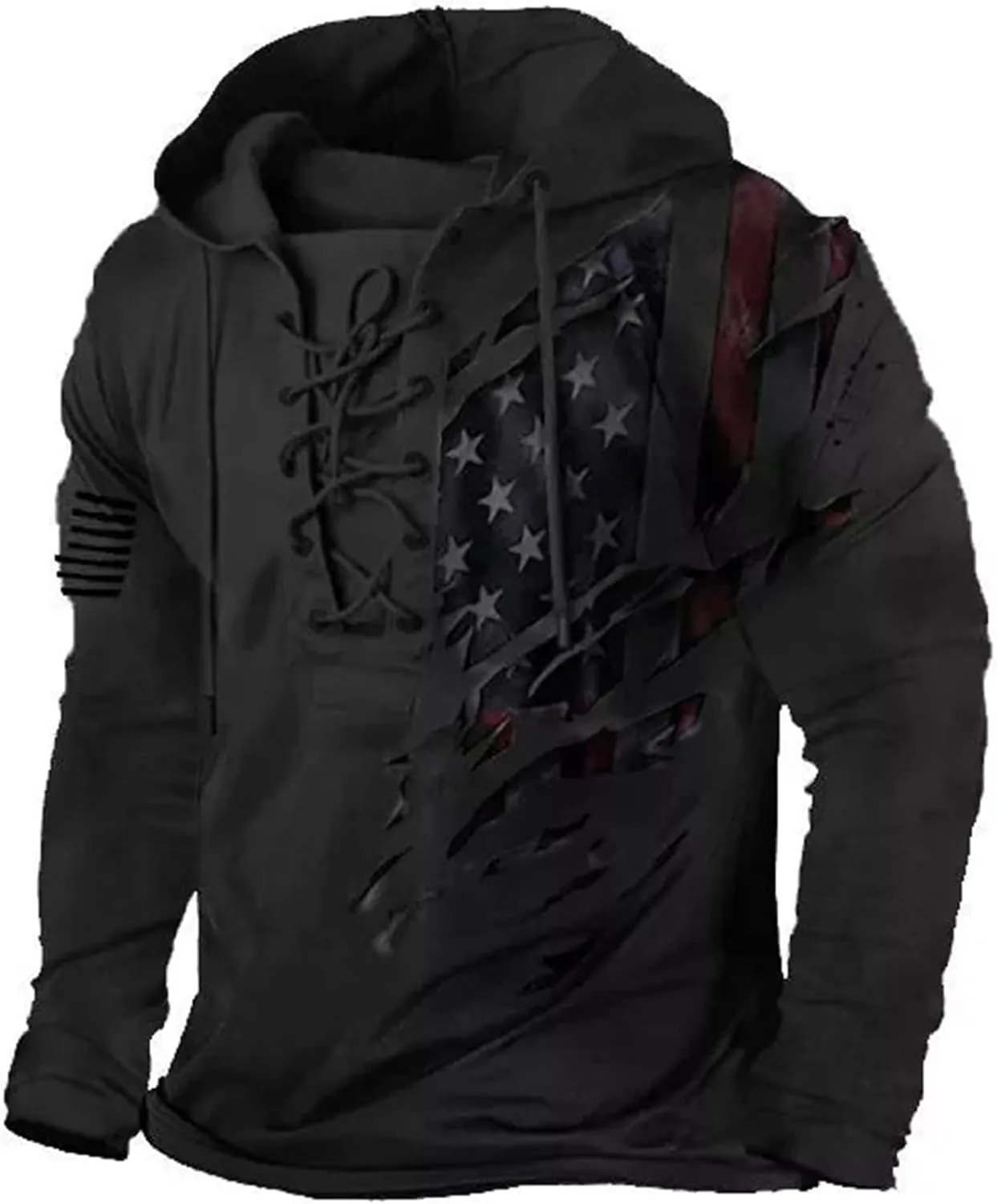 Men's American Flag Graphic Hoodies Outdoor Military Tactical Lace Up Hooded Sweatshirts Distressed Retro Pullover