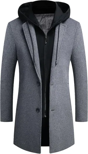 Men's Bussiness Overcoat with Removable Hood Winter Wool Blend Jacket Detachable Hooded Trench
