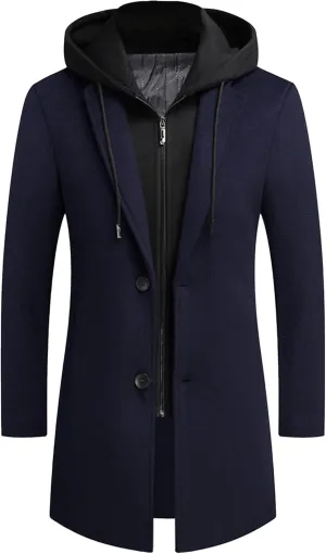 Men's Bussiness Overcoat with Removable Hood Winter Wool Blend Jacket Detachable Hooded Trench