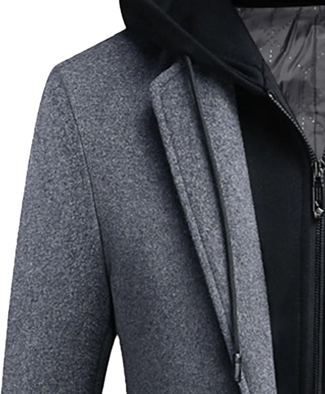 Men's Bussiness Overcoat with Removable Hood Winter Wool Blend Jacket Detachable Hooded Trench