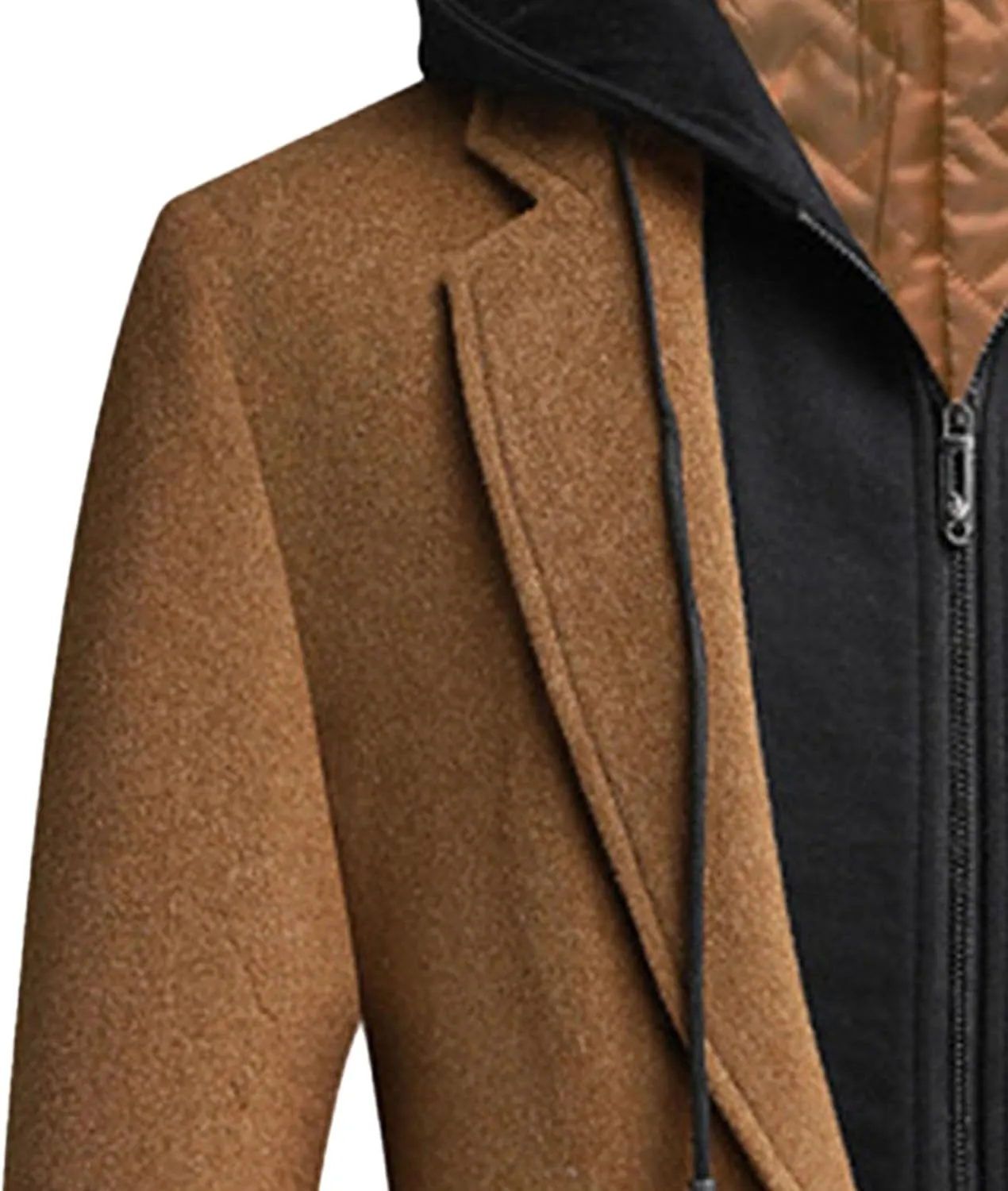 Men's Bussiness Overcoat with Removable Hood Winter Wool Blend Jacket Detachable Hooded Trench