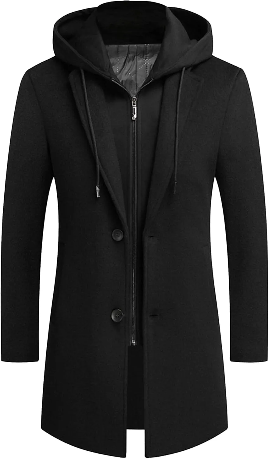 Men's Bussiness Overcoat with Removable Hood Winter Wool Blend Jacket Detachable Hooded Trench