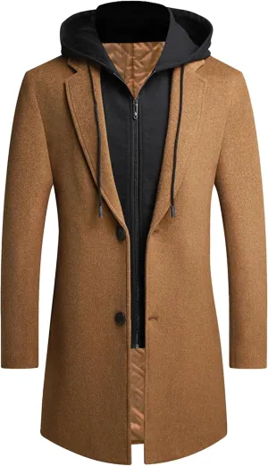 Men's Bussiness Overcoat with Removable Hood Winter Wool Blend Jacket Detachable Hooded Trench