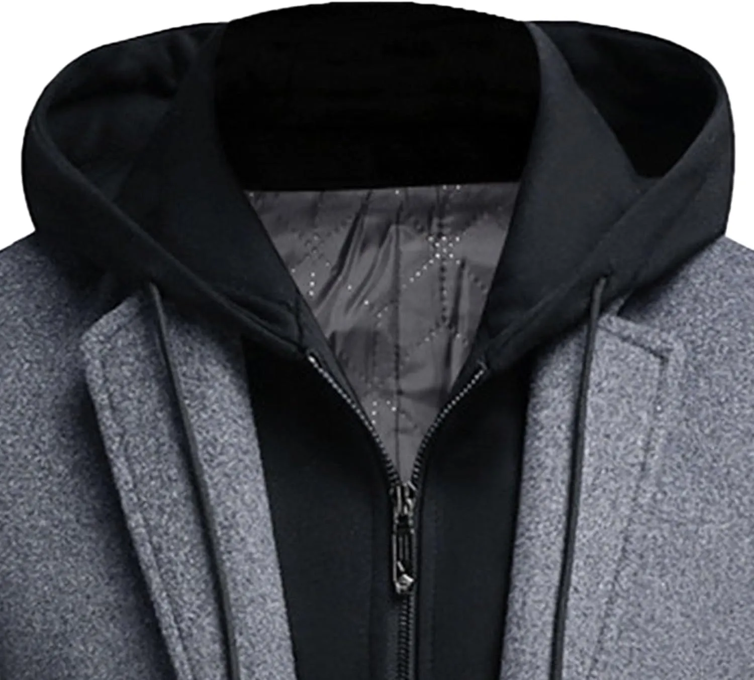 Men's Bussiness Overcoat with Removable Hood Winter Wool Blend Jacket Detachable Hooded Trench