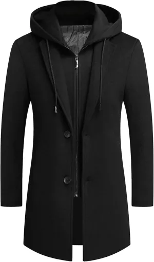 Men's Bussiness Overcoat with Removable Hood Winter Wool Blend Jacket Detachable Hooded Trench