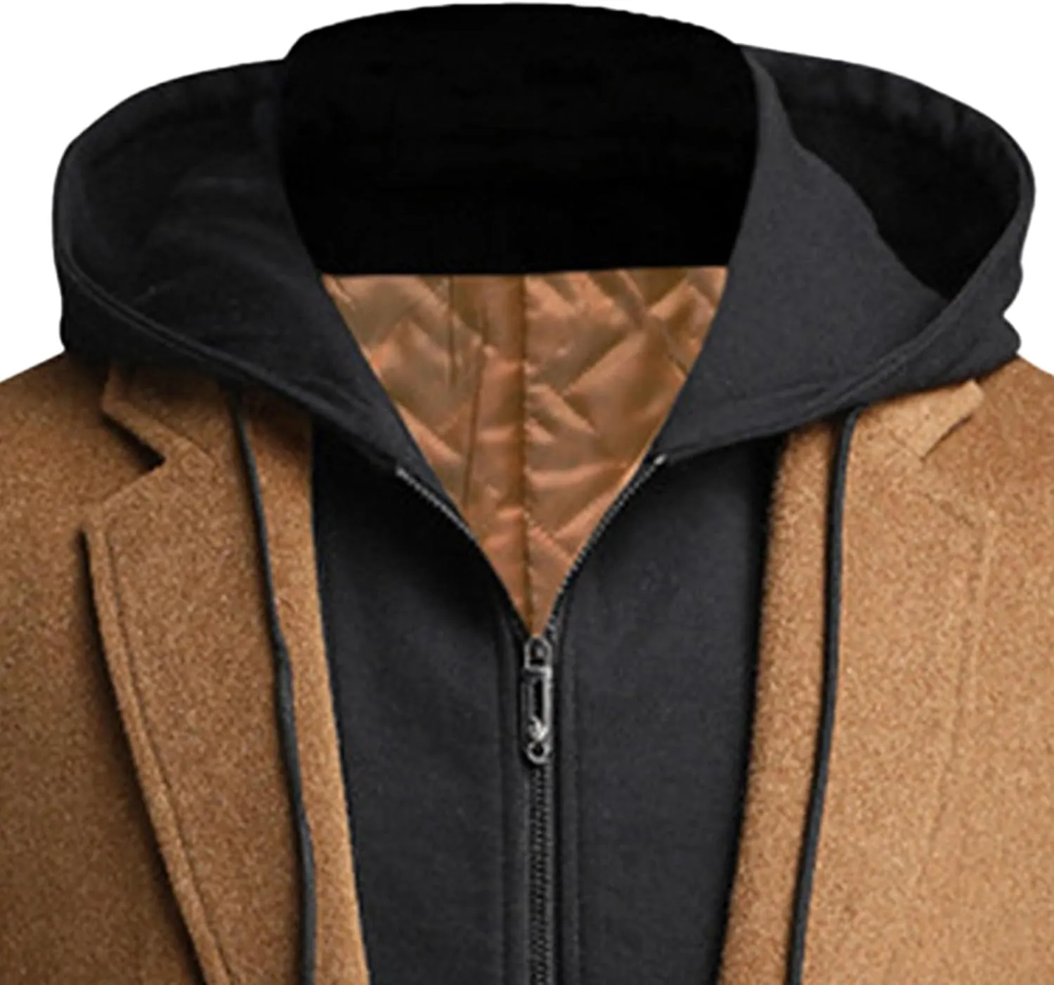 Men's Bussiness Overcoat with Removable Hood Winter Wool Blend Jacket Detachable Hooded Trench