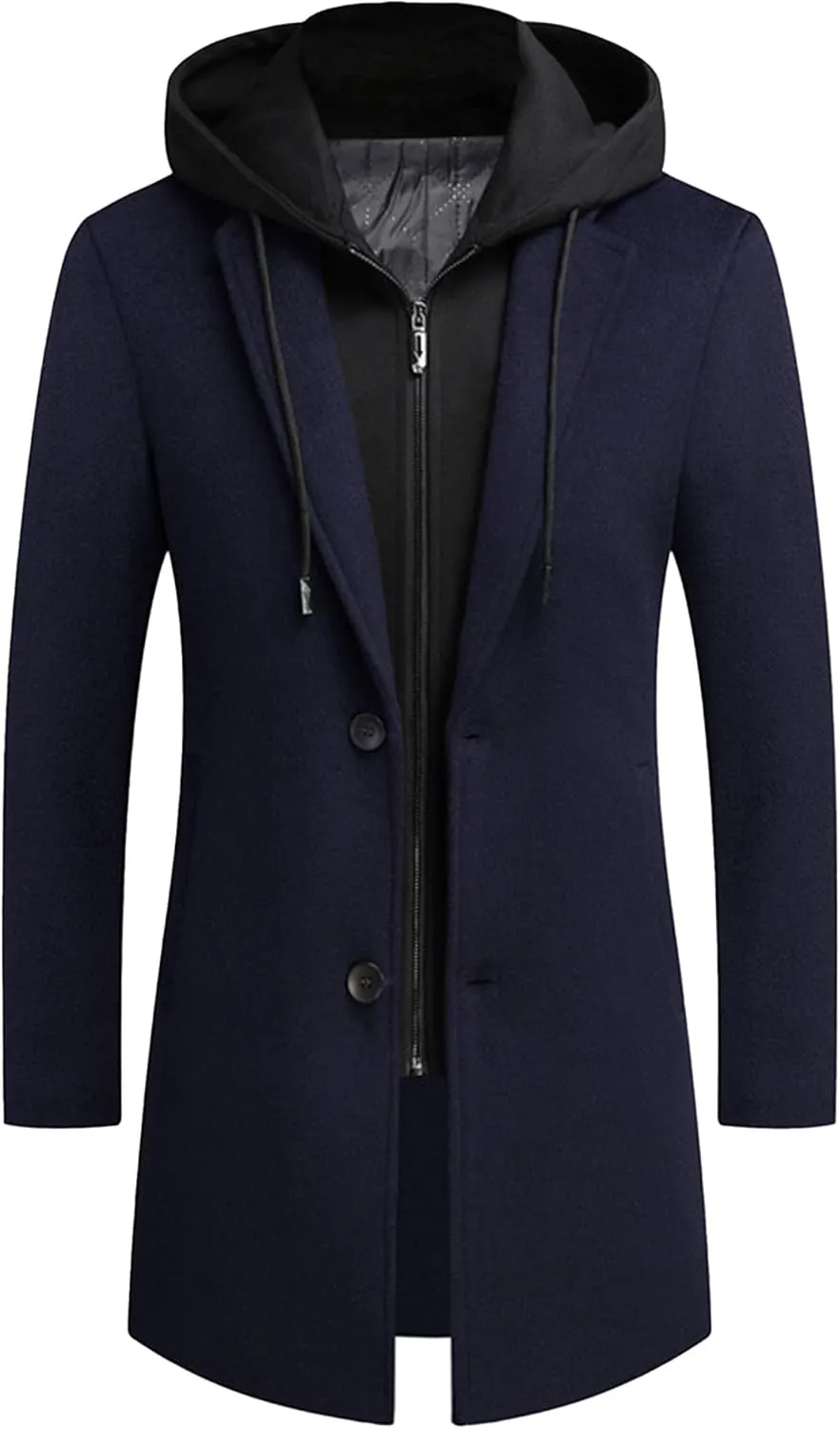 Men's Bussiness Overcoat with Removable Hood Winter Wool Blend Jacket Detachable Hooded Trench