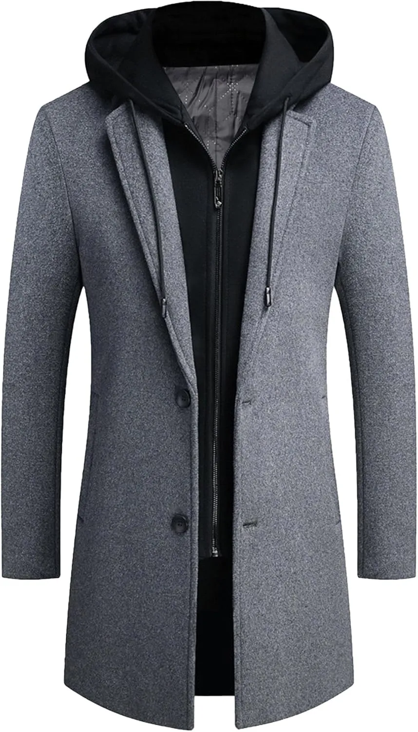 Men's Bussiness Overcoat with Removable Hood Winter Wool Blend Jacket Detachable Hooded Trench