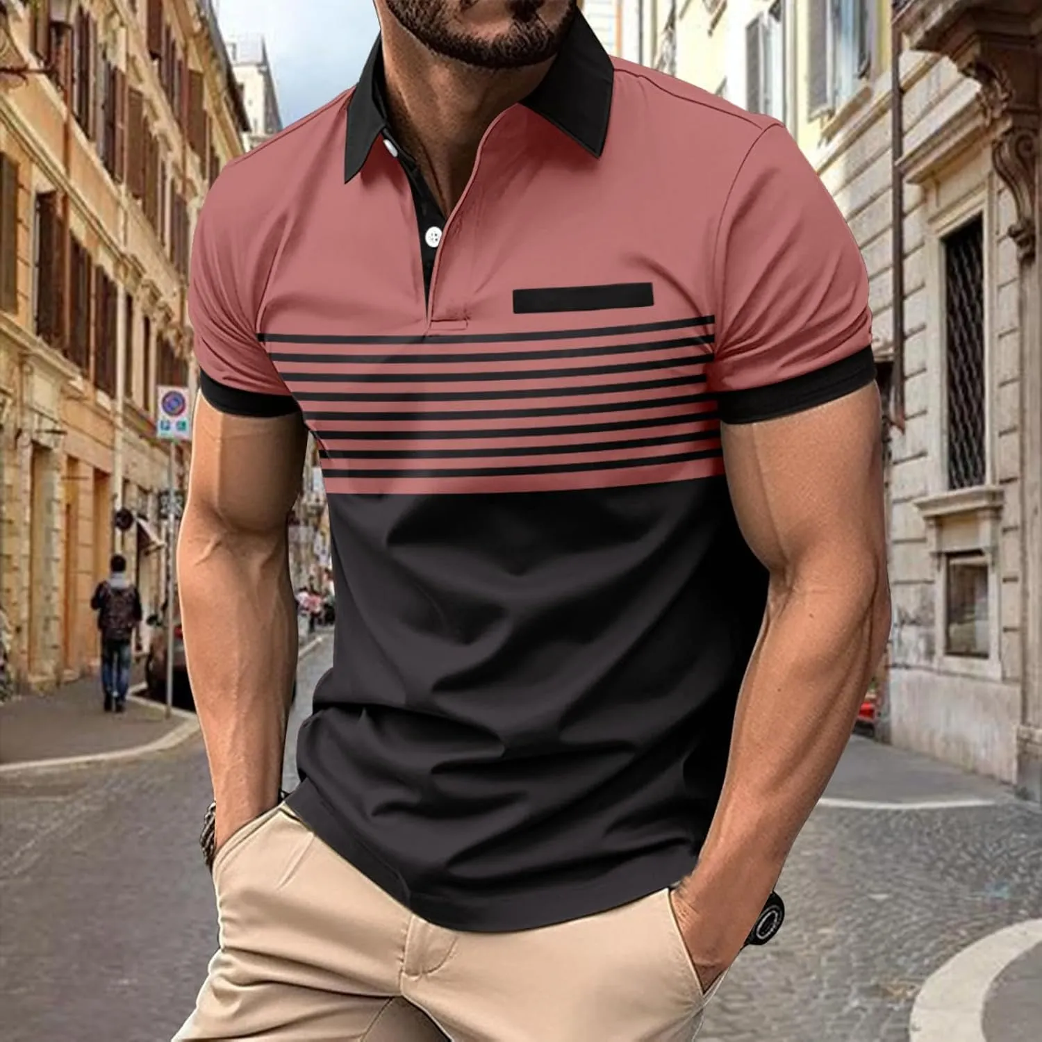 Men's Button Down Short Sleeve Shirts Fashion Color Block Tops Casual Collared Loose Fit T Shirt
