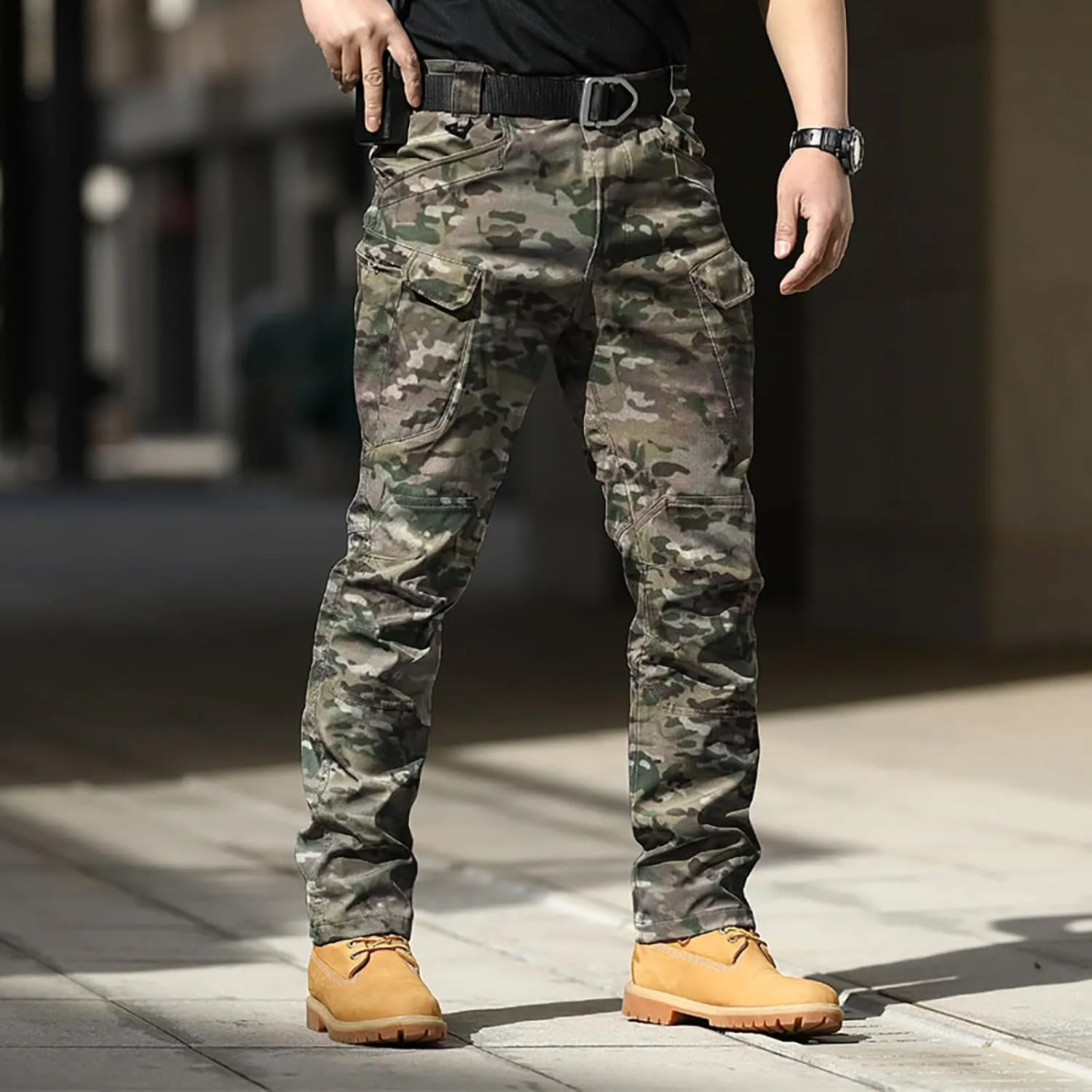 Mens Cargo Pants Relaxed Work Stretch Hiking Tactical Pants Military Fan Elastic Waistband Work Casual Overalls
