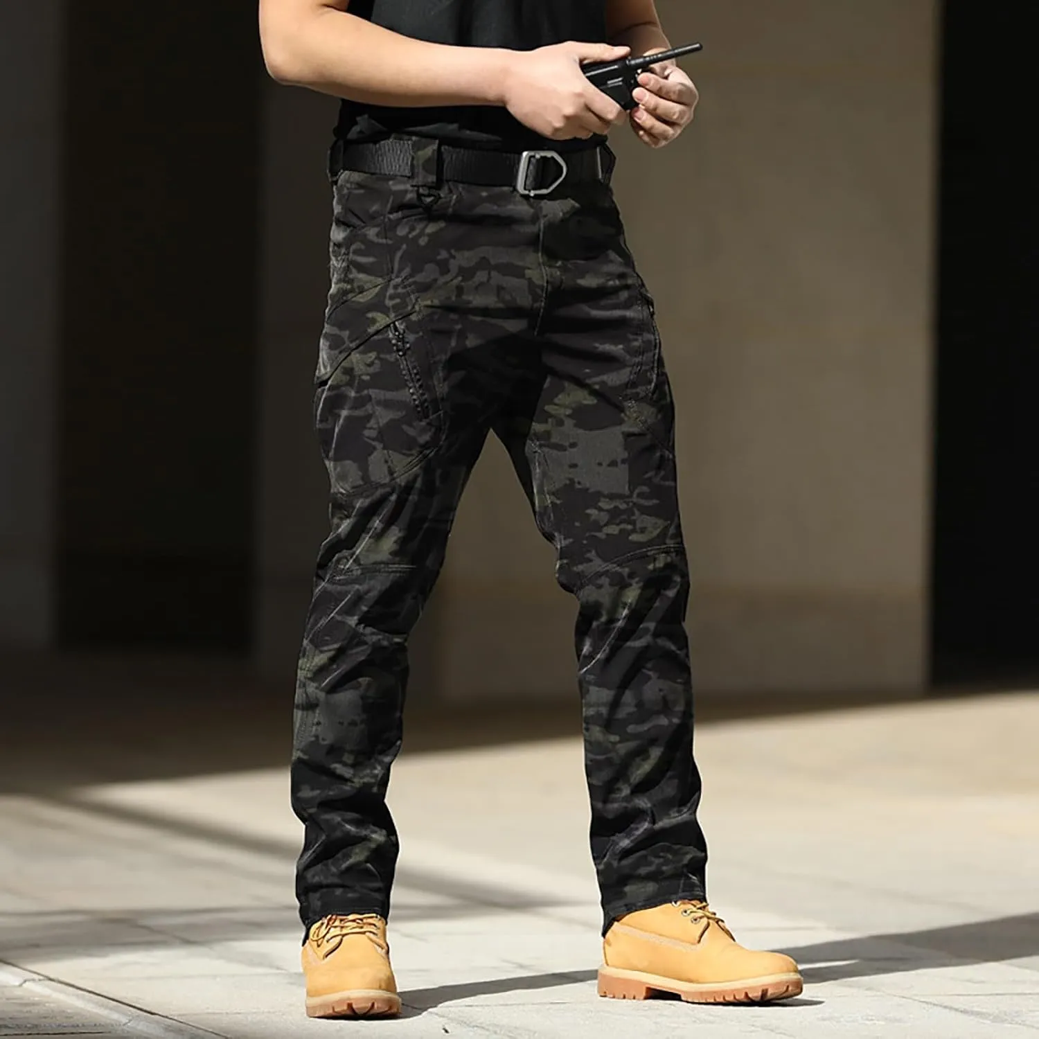 Mens Cargo Pants Relaxed Work Stretch Hiking Tactical Pants Military Fan Elastic Waistband Work Casual Overalls