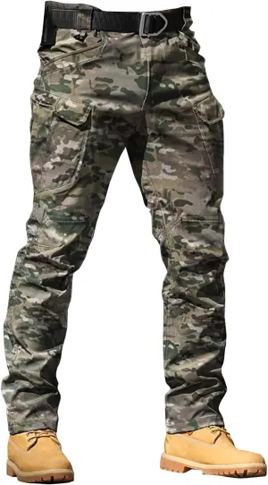 Mens Cargo Pants Relaxed Work Stretch Hiking Tactical Pants Military Fan Elastic Waistband Work Casual Overalls