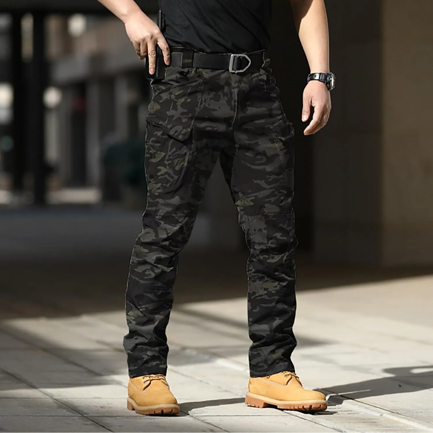 Mens Cargo Pants Relaxed Work Stretch Hiking Tactical Pants Military Fan Elastic Waistband Work Casual Overalls