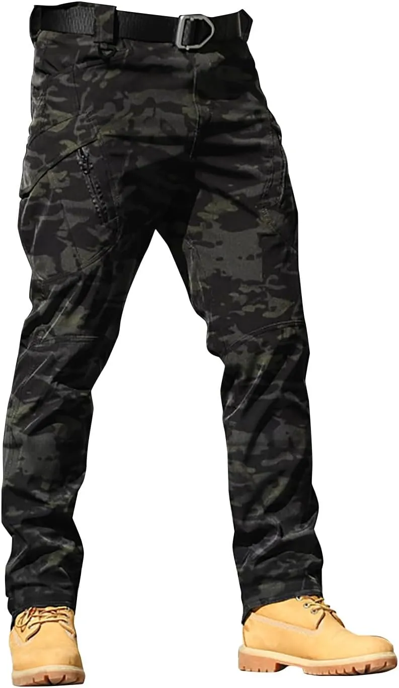 Mens Cargo Pants Relaxed Work Stretch Hiking Tactical Pants Military Fan Elastic Waistband Work Casual Overalls