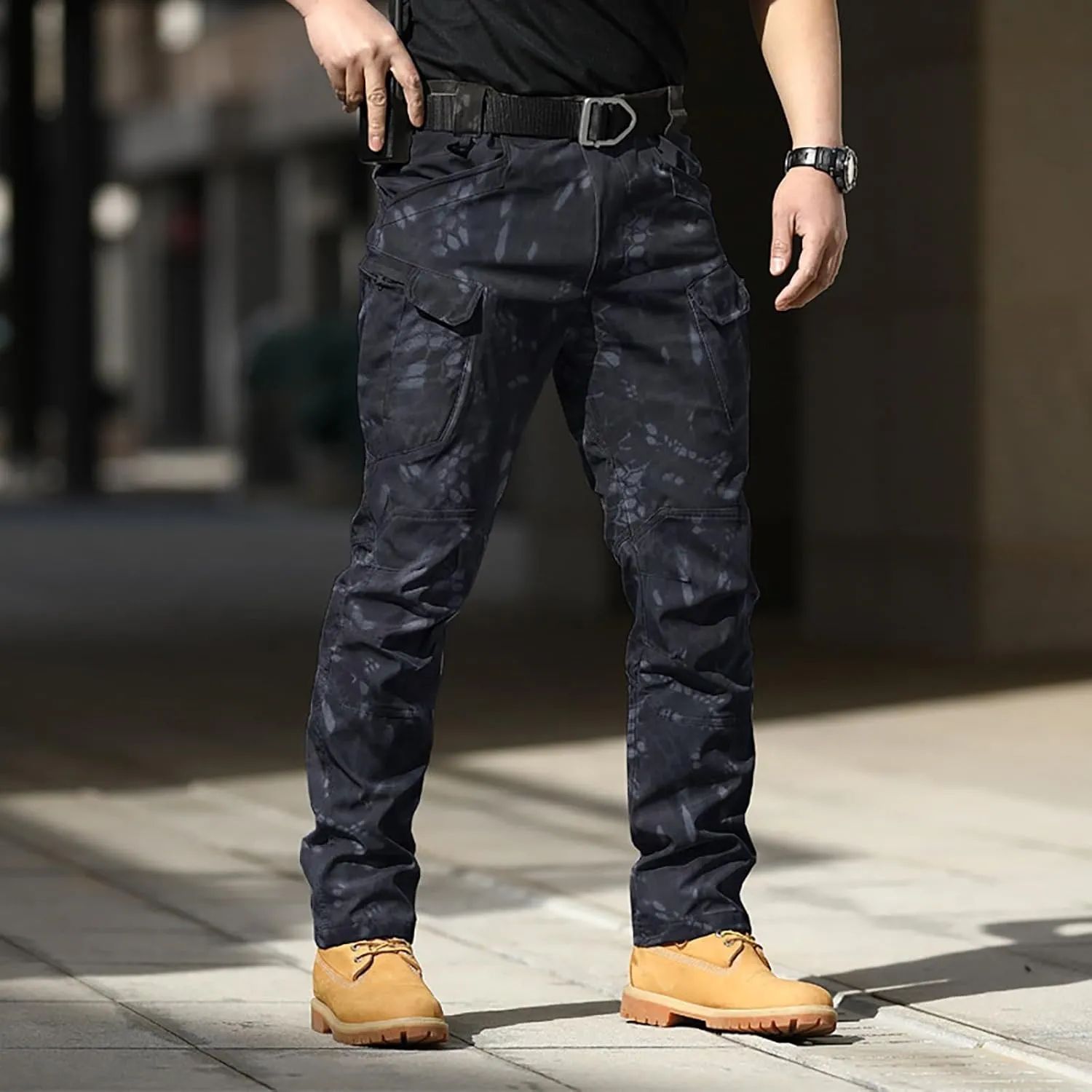 Mens Cargo Pants Relaxed Work Stretch Hiking Tactical Pants Military Fan Elastic Waistband Work Casual Overalls