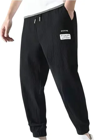 Men's Casual Drawstring Pants Summer Loose Fit Elastic Waist Drawstring Tapered Joggers Trousers Classic Streetwear