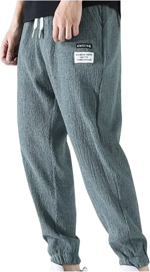Men's Casual Drawstring Pants Summer Loose Fit Elastic Waist Drawstring Tapered Joggers Trousers Classic Streetwear