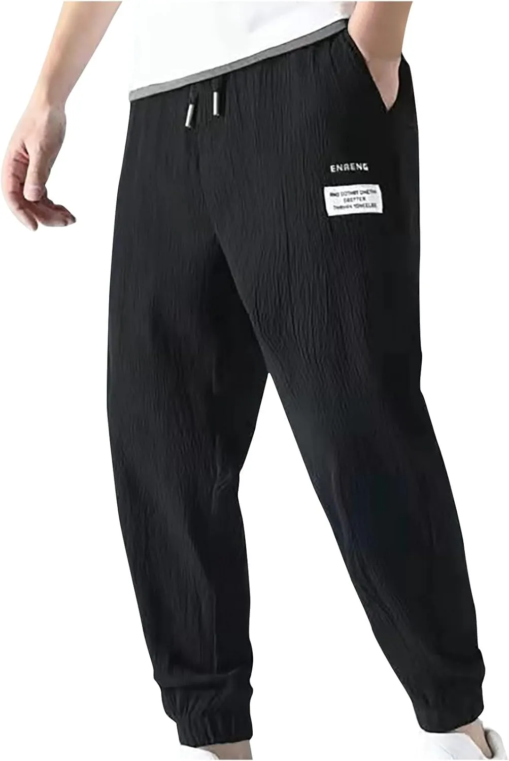 Men's Casual Drawstring Pants Summer Loose Fit Elastic Waist Drawstring Tapered Joggers Trousers Classic Streetwear