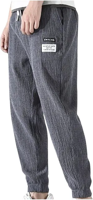 Men's Casual Drawstring Pants Summer Loose Fit Elastic Waist Drawstring Tapered Joggers Trousers Classic Streetwear