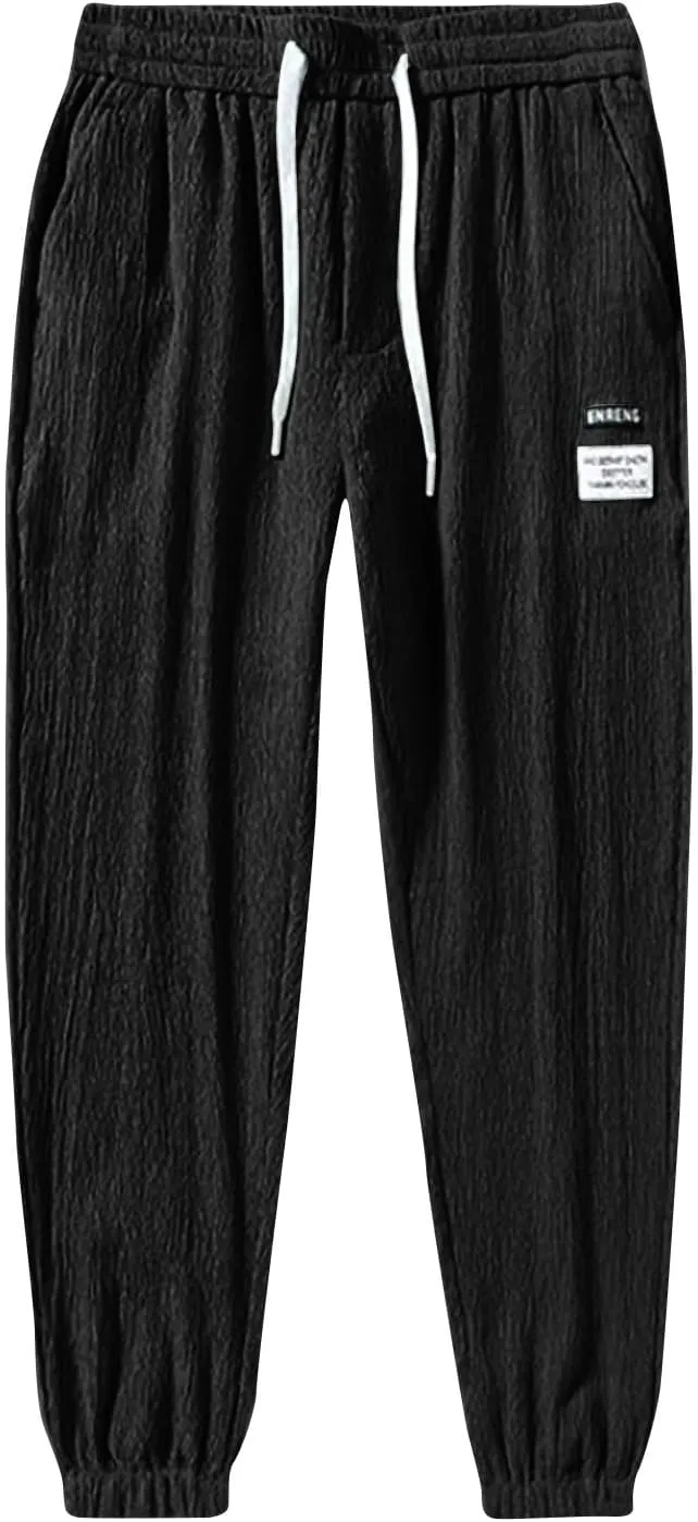 Men's Casual Drawstring Pants Summer Loose Fit Elastic Waist Drawstring Tapered Joggers Trousers Classic Streetwear