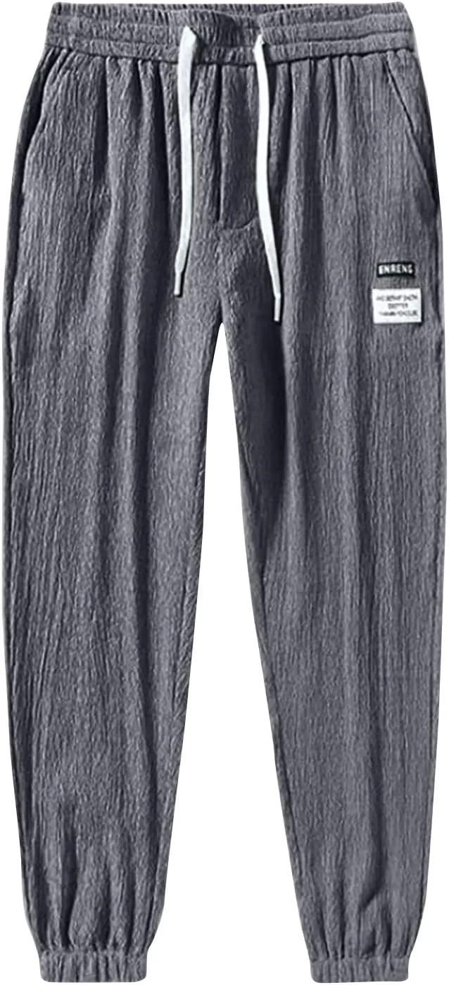 Men's Casual Drawstring Pants Summer Loose Fit Elastic Waist Drawstring Tapered Joggers Trousers Classic Streetwear