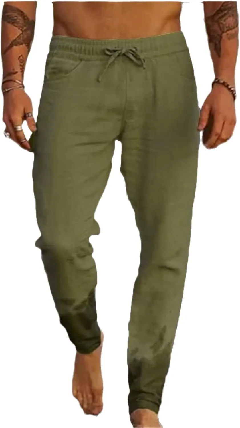 Mens Casual Linen Pants Elastic Waist Drawstring Lightweight Summer Beach Yoga Pants Tapered Chino Pants Work Trousers