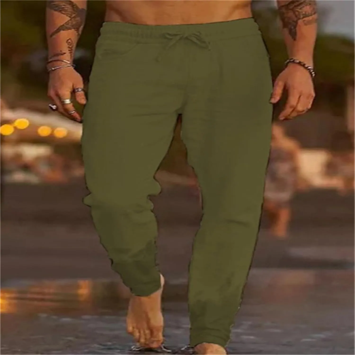 Mens Casual Linen Pants Elastic Waist Drawstring Lightweight Summer Beach Yoga Pants Tapered Chino Pants Work Trousers