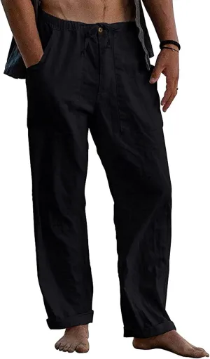 Men's Casual Linen Pants Summer Beach Yoga Trousers Elastic Waist Drawstring Pants Loose Fit Solid Pants with Pockets