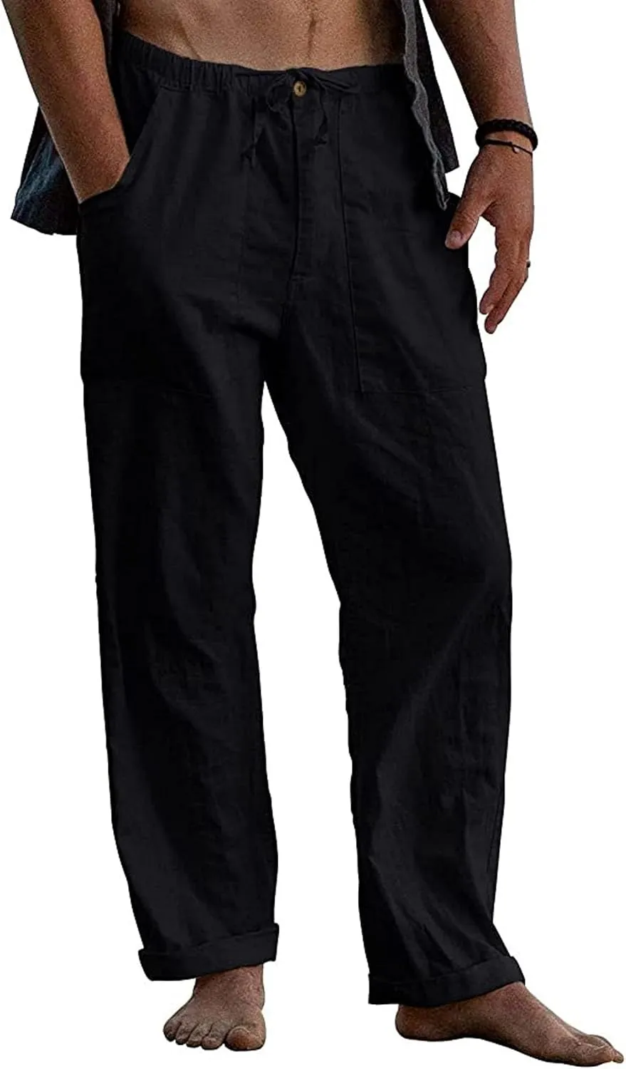 Men's Casual Linen Pants Summer Beach Yoga Trousers Elastic Waist Drawstring Pants Loose Fit Solid Pants with Pockets