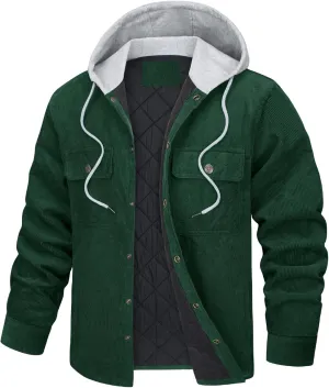 Men's Corduroy Jacket Hoodies Quilted Lined Button-Down Casual Shirt Jackets Warm Winter Coat Fall Clothing for Men