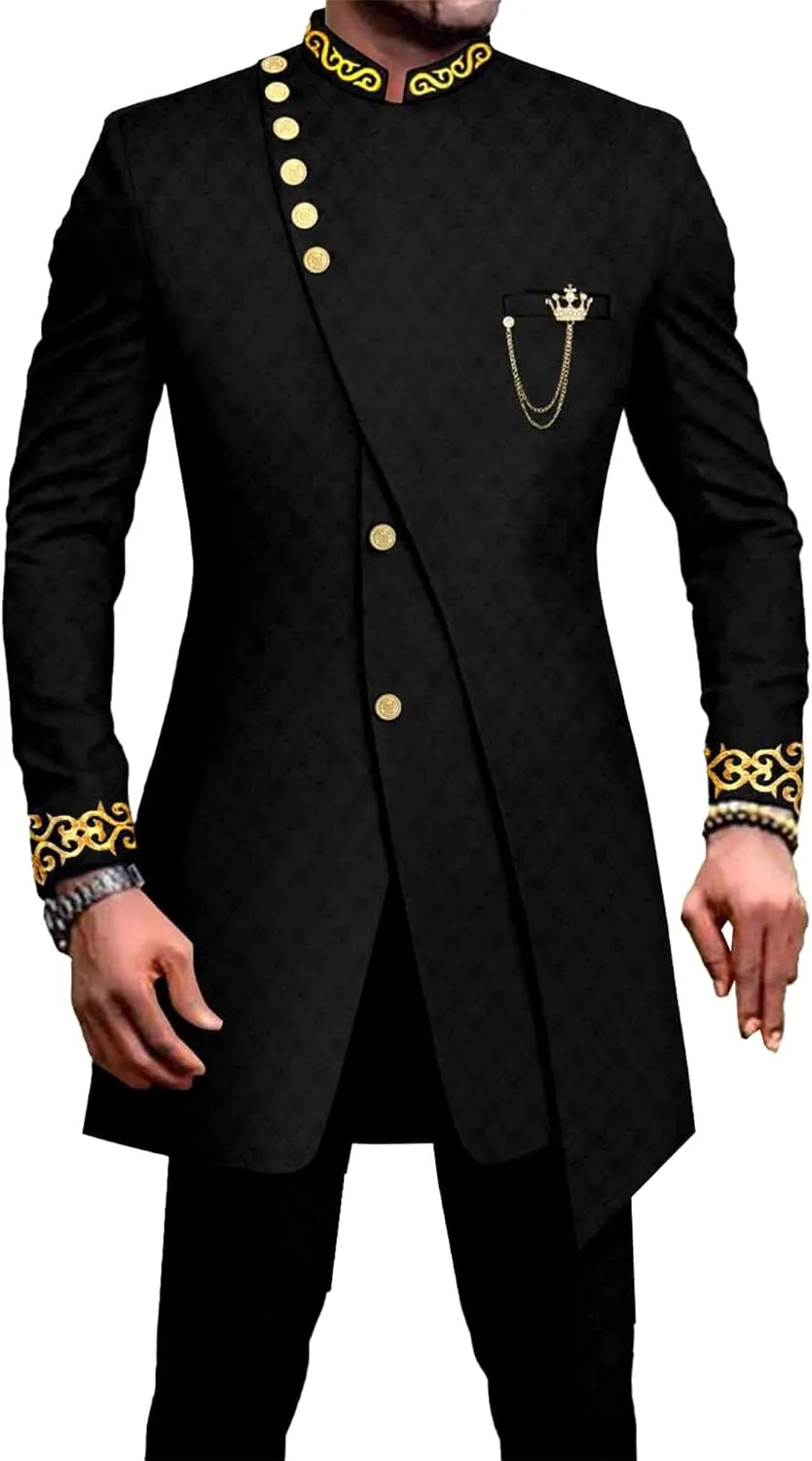 Men's Double Breasted Slim Fit Embroidery Suits African Chain Decorate Ethnic Suits Slim Fit Blazer Pants Outfits