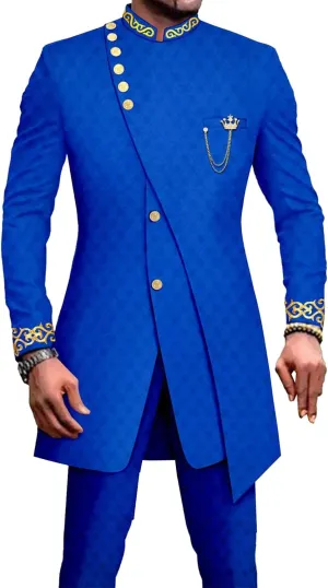 Men's Double Breasted Slim Fit Embroidery Suits African Chain Decorate Ethnic Suits Slim Fit Blazer Pants Outfits