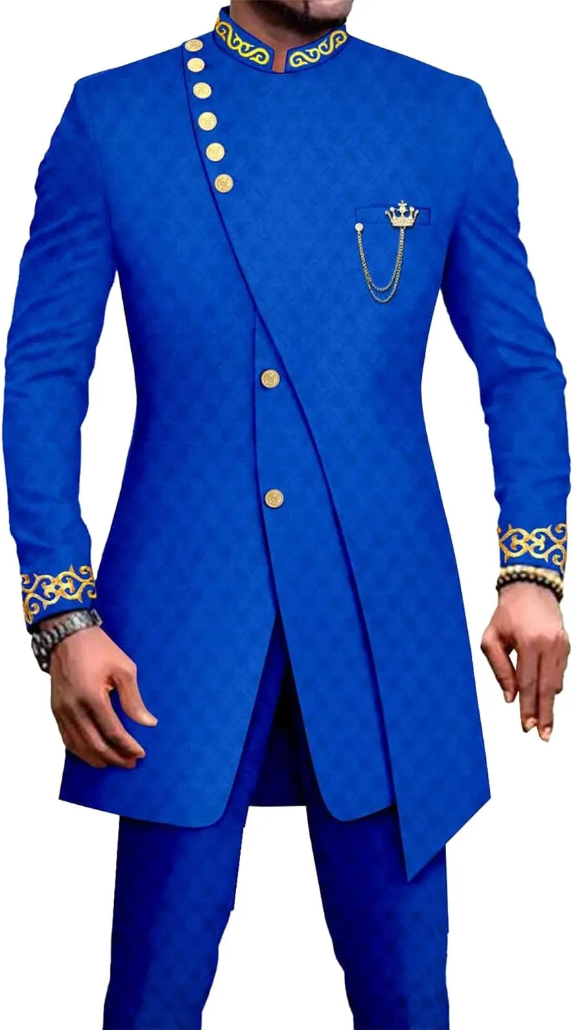 Men's Double Breasted Slim Fit Embroidery Suits African Chain Decorate Ethnic Suits Slim Fit Blazer Pants Outfits